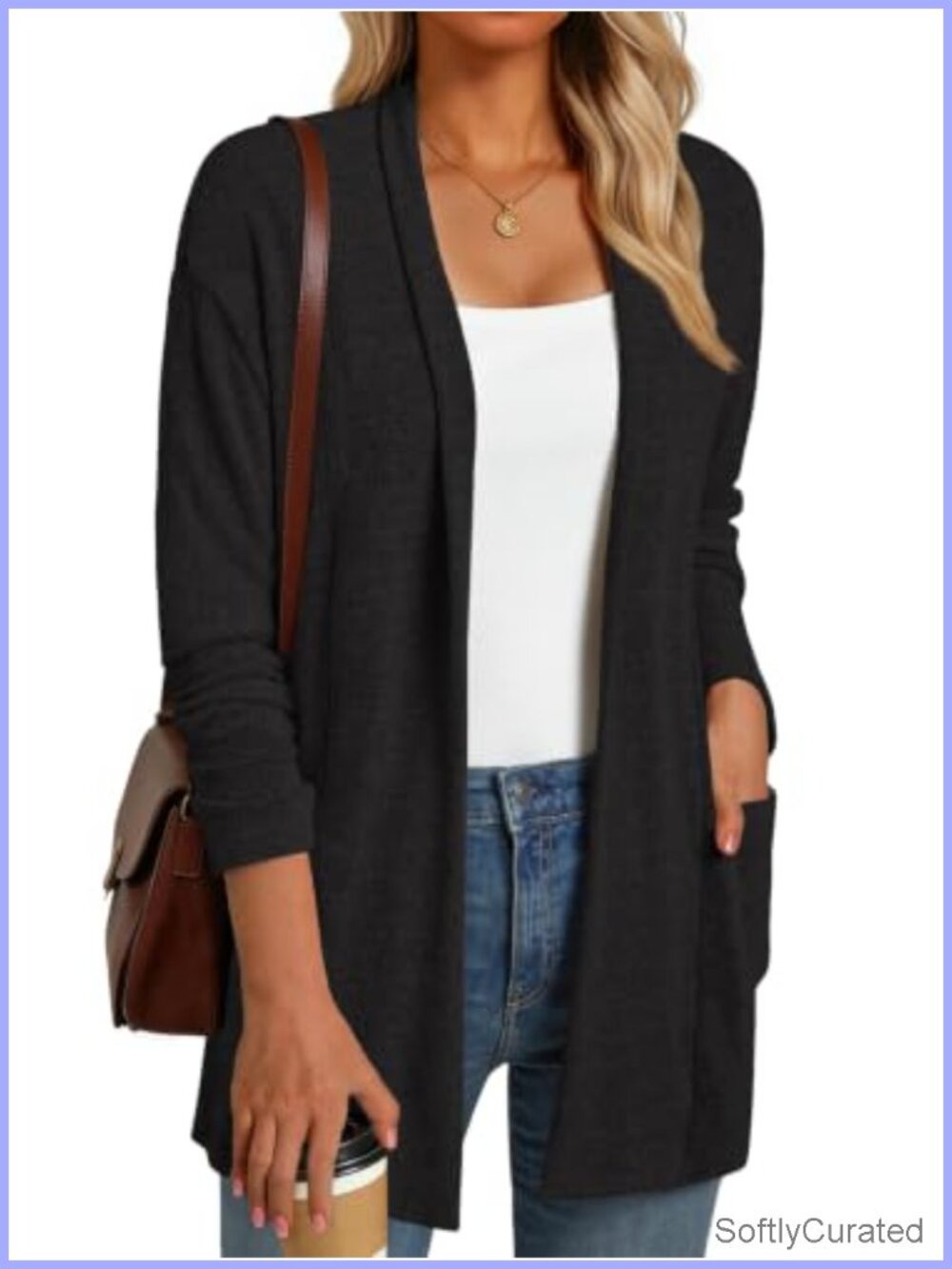 Womens Lightweight Open Front Knit Cardigan Long Sleeve Duster with Pockets